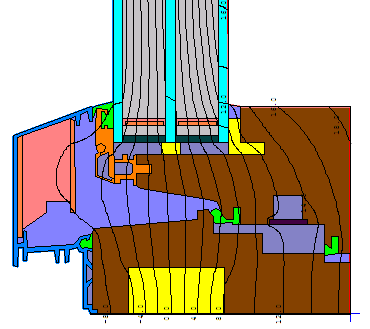 Obr. 7: Vpravo: Znzornn izoterm u spodnho profilu s izolac v deov drce.
Okno spluje kritria klasickho certifiktu okna souinitelem Uw = 0,79 W(m²K) a dosahuje tm tdy energetick innosti A. 

