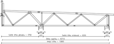 Obr. 4 – Geometrie vaznku nad vykldacm prostorem s konzolovm vyloenm 3,75 m. Celkov dlka vaznku je 10,7 m.