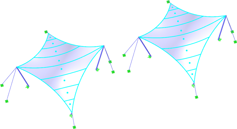 Obr. 11 Hyperbolick paraboloid rozdlen geodetickmi ezy (vlevo) a rovinnmi ezy (vpravo)