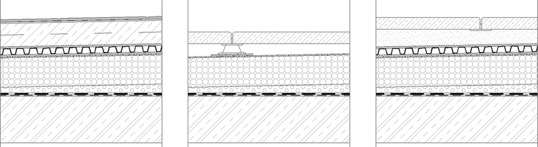 Obr. 9: Varianty skladeb stenho plt – dlaba na betonov podklad (vlevo), dlaba na podloky (uprosted), dlaba do podsypu (vpravo). Zdroj: autor 1, 2