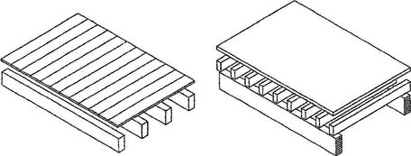 Obrázek 1 – Trámový dřevěný strop (vlevo: klasická skladba; vpravo: primární a sekundární nosníky)