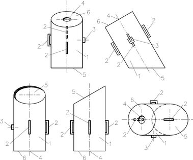 Obr. 1. Kovový štít pro eliminaci vlivu odraženého záření: 1 – tělo (plášť), 2 – manipulační úchyty, 3 – fixační prvek, 4 – měřicí otvor (strana měřicí), 5 – měřicí otvor (strana měřená), 6 – uzavřená část (strana měřicí)