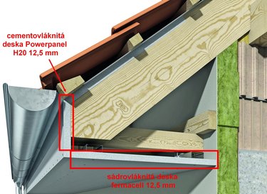 Detail een podhledu pi namhan konstrukce zavenho podhledu pouze vzdunou vlhkost a kombinaci cementovlknitch desek fermacell Powerpanel H2O 12,5 mm a sdrovlknitch desek fermacell 12,5 mm