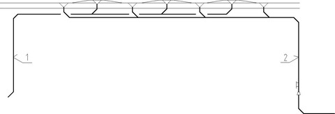 Obr. 3 – Nouzov podtlakov systm odvodnn stechy: 1 – nouzov podtlakov systm vystn na tern, 2 – podtlakov systm napojen na kanalizaci
