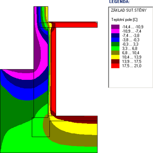 Obr. 4: Ukzka prbhu teplot u obvodov ciheln zdi o tl. 450 mm s EPS Perimetr o tl. 100 mm a s cihelnou pkou z plnch cihel o tl. 150 mm. Vstup z programu AREA 2011 [4].