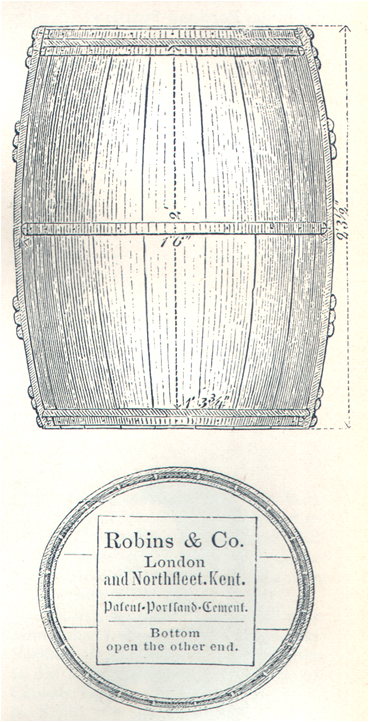 2 – Dřevěný soudek, do kterého se balil cement v Anglii kolem roku 1850.