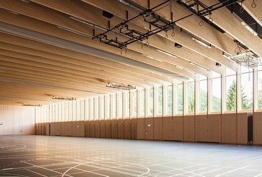 Obr. 1a Projekty z listnatého dřeva: lepené lamelové nosníky z listnatého dřeva ve sportovní a víceúčelová hale o rozpětí 53 m, Sargans, Švýcarsko (Zdroj: [2])