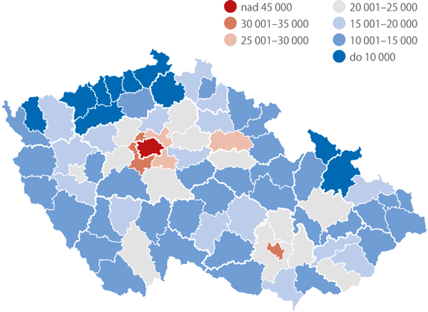 Prmrn kupn ceny byt podle okres, 2014–2016 (K/m²), Zdroj: S