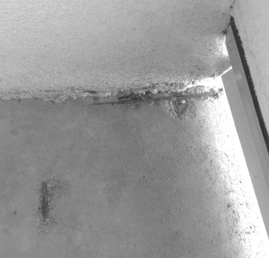 Obrázek 4b.: Viditelné vyztužení v u horního povrchu lodžiovém panelu, krycí betonová vrstva je minimální nebo nulová, soustava T06B, Brno