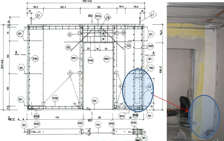 Obrázek 8.: Stěnový nosný panel soustavy B70/R, položka f6 v pravém spodním rohu je plynosilikátový prvek. Vpravo je panel s dodatečně provedeným otvorem, zbylá část je oslabena plynosilikátovou vložkou.