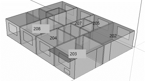 Obr. 6 Geometria viaczónového simulačného modelu časti bytového domu (202 – obývacia izba, 203 – izba, 204 – izba, 205 – kuchyňa, 207 – kúpeľňa,  208 – spálňa)