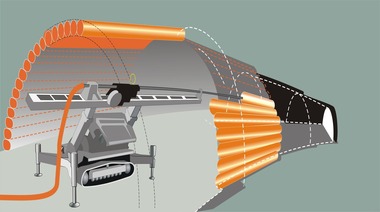 Obr. 11: Schéma vytváření subhorizontálních „deštníků“ ze sloupů TI za účelem zajištění výrubu podzemních děl