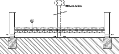 Obr. 11: Příklad vodorovné vzduchové mezery pod podlahou, vytvořené zastropením s napojením na nepoužívaný komínový průduch a s ventilační turbínou osazenou v místě komínové hlavy