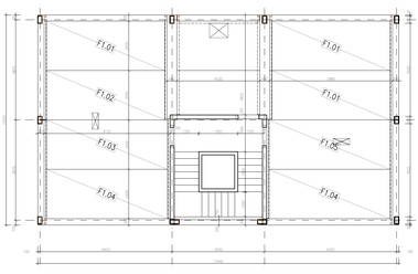 Obr. 4 Nosný systém typového bytového domu. Vodorovný rozměr 17,64 m; svislý rozměr 10,30 m. Zdroj: UCEEB ČVUT