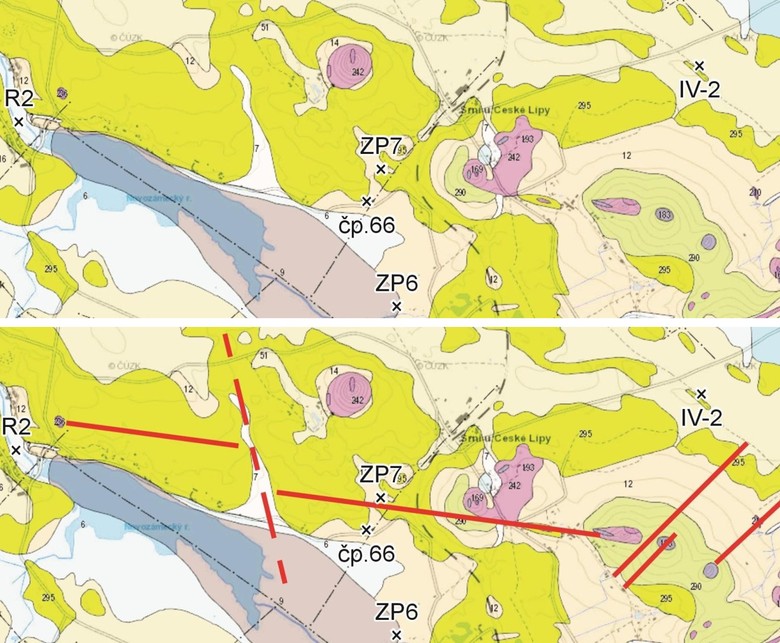 Obr. 2: Současná geologická mapa (nahoře) a geofyzikou změřené tektonické pukliny (čárkovaně) a žilné intruze bazaltů (plná čára). Bazalty usměrňují proud 400 l/s podzemní vody směrem na západ. Nevyvěrají tak do Novozámeckého rybníka, jak mnozí geologové očekávali. Proto zdroje pitné vody pro Českou Lípu mají problémy se železem a s vydatností.