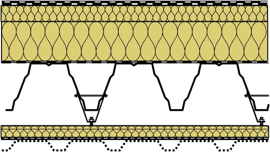 Typická skladba střešního pláště s akustickým podhledem ROOF ACOUSTIC CEILING pro rekonstrukce halových staveb: stávající střešní konstrukce (hydroizolace, tepelná izolace, parozábrana, nosná konstrukce – TR plech, příhradovina, nebo předpjatý panel); závěs + pomocný profil; akustická izolace ISOVER AKUSTIC SSP2, nebo ISOVER FASSIL NT; perforovaný podhledový TR plech.