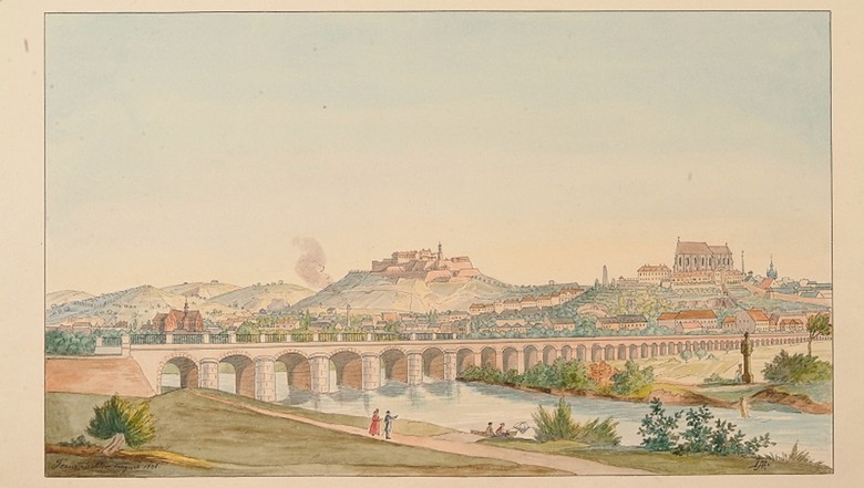 eleznin viadukt Brno 1838, dobov kresba, zdroj – Archiv msta Brna