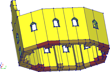 Obr. 7: 3D model obvodové stěny kostela sv. Jakuba se zvýrazněnými oblastmi dodatečného sedání