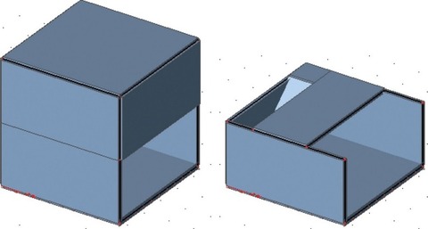 Obr. 20. Stnov model konstrukce, vlevo cel objekt, vpravo bez hornch stn a stechy