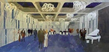 ….Návrh interieru velkého sálu se stropem z pohledového betonu a autorskými svítidly R. Roubíčka, arch. J. Šrámek