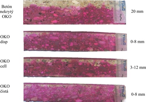 Obrázok 6 Hĺbka karbonatizácie betónu na lome valca nekrytého a krytého experimentálne vyvinutou OKO po 28 dňoch UKS