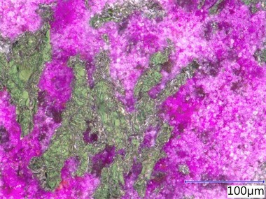 Obr. 6: Fotografie z optického mikroskopu, A) Kompozitní s hrubým grafitem A, zvětšení 1 000× (zelená barva = grafit, fialová = silikátová matrice)