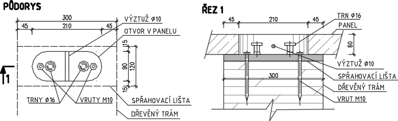 Obr. 2 Detail osazení panelu na spřahovací prvky – ocelové desky s navařenými smykovými trny