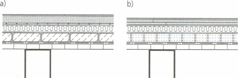 Obr. 6: Hmotné akustické úpravy na záklopu dřevěného trámového stropu: a) betonová dlažba (300 × 300 × 40 až 60 mm) nalepená bitumenovým lepidlem aplikovaným za studena s mezerou; b) pískový zásyp ve voštinové konstrukci z lepenky s tloušťkou 30 až 60 mm s volně položenou ochranou proti propadům (např. z kartonového papíru) na spodní straně (zdroj: [10])