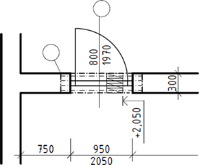 Obr. 9a: dvee 800/1970, prav, ve stn tl. 300 mm, s rmovou zrubn, s prahem, peklad 4× prefabrikovan o rozmrech 75×250×1250 mm, dlka uloen pekladu 150 mm na kad stran