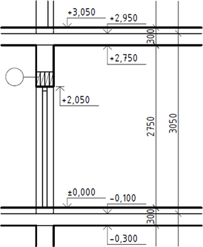 Obr. 9b: dvee 800/1970, prav, ve stn tl. 300 mm, s rmovou zrubn, s prahem, peklad 4× prefabrikovan o rozmrech 75×250×1250 mm, dlka uloen pekladu 150 mm na kad stran