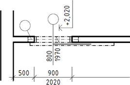 Obr. 11a: dvee s pojezdem s poadovanm prchodem ky 800 mm v pce tl. 150 mm, bez prahu, peklad 1× prefabrikovan o rozmrech 150×50×1200 mm, dlka uloen pekladu 150 mm na kad stran, otvor obloen