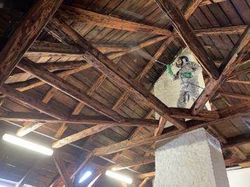 Obr. 7b: Chemick ochrana devnch prvk konstrukc. Aplikace chemick ltky airless stknm na povrch deva. (Foto: firma Krovservis)