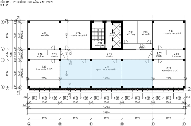 Obr. 4 V02 – schematický pôdorys typického podlažia s openspace kanceláriou
