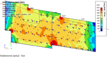 Obr. 4b – Plochy vodorovnej výstuže fragmentu OM1 reprezentujúce rozhodujúci vplyv rozdielu teplôt – ohriatia líca múru (zdroj audit OM1 – Ing. Martin Seyfert, 05.2021)