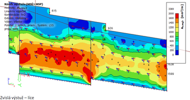 Obr. 4d – Plochy zvislej výstuže fragmentu OM1 reprezentujúce rozhodujúci vplyv rozdielu teplôt – ohriatia líca múru (zdroj audit OM1 – Ing. Martin Seyfert, 05.2021)