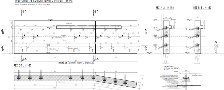 Obr. 7 – Geometria steny WR4 v pohľade a rezoch