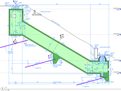 Obr. 15a – Priečny rez konštrukciou podzemného kabelovodu v svahu zabezpečený proti zosuvu kotvami 2×2×WR 75