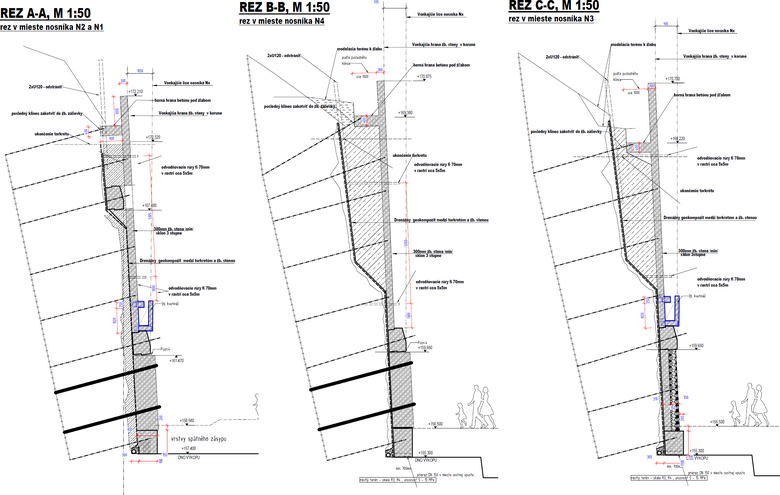 Obr. 3 – Vybrané rezy cez stenu OM1 (okrem horninových klincov v rastre 2×2 m vidieť 10- a 19-lanové nosníky, kvetináče, plošina pre odvodňovací rigol v korune, polohu drenážneho geokompozitu a odvodnenie v päte)