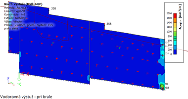 Obr. 4a – Plochy vodorovnej výstuže fragmentu OM1 reprezentujúce rozhodujúci vplyv rozdielu teplôt – ohriatia líca múru (zdroj audit OM1 – Ing. Martin Seyfert, 05.2021)