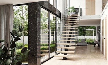 Nosn� konstrukce schodi�t� SKELET je tvo�en� masivn�m jeklem, schodnice z d�ev�n�ho masivu. Foto: JAP FUTURE