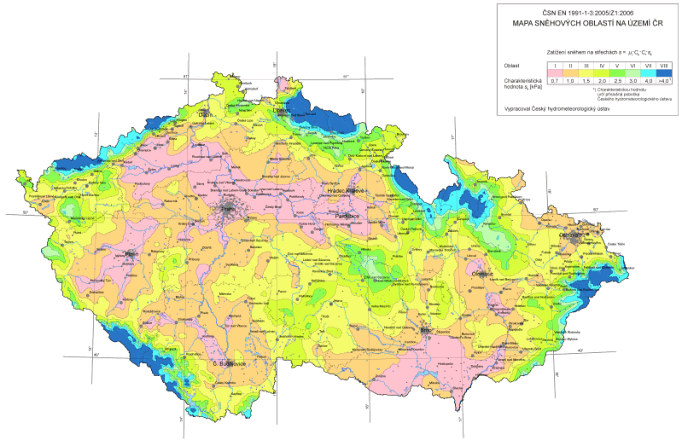 Mapa sněhových oblastí na území České republiky